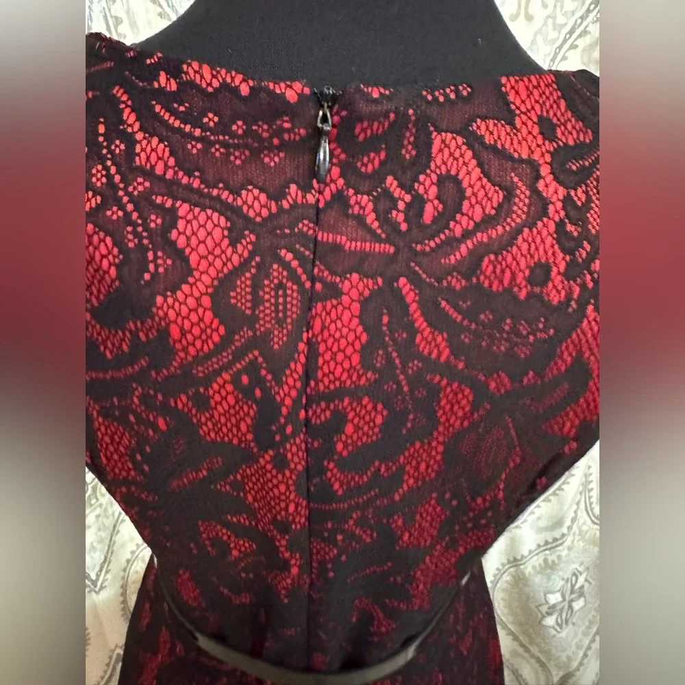 Alyx Petite Red & Black Lace Sheath Dress with Belt | Size 4P - Picture 9 of 11